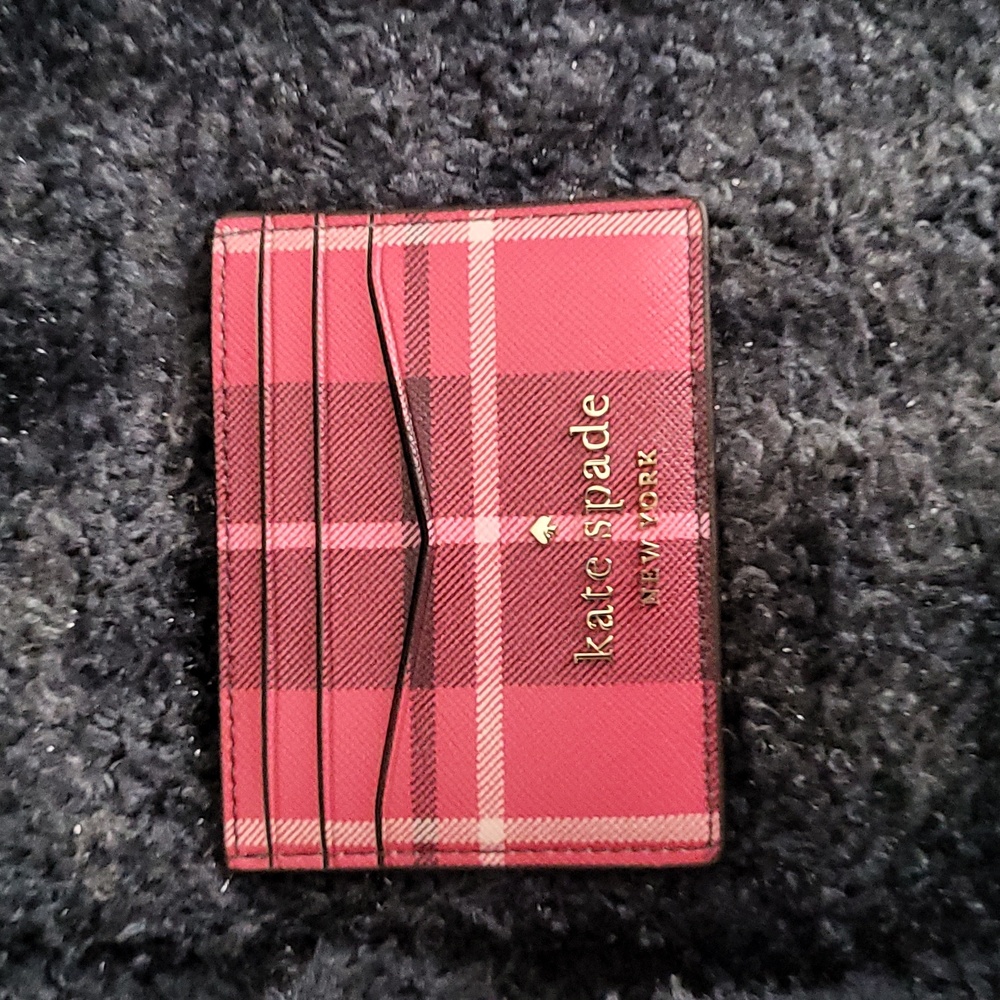 NWOT Kate Spade Staci Plaid Slim Card Holder in Bright Rose Plaid!